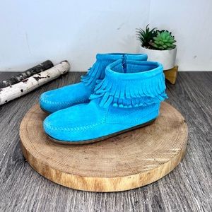 *Minnetonka | 244062 Kids' Double Fringe Side Zip Blue Boots Size 13 Toddler